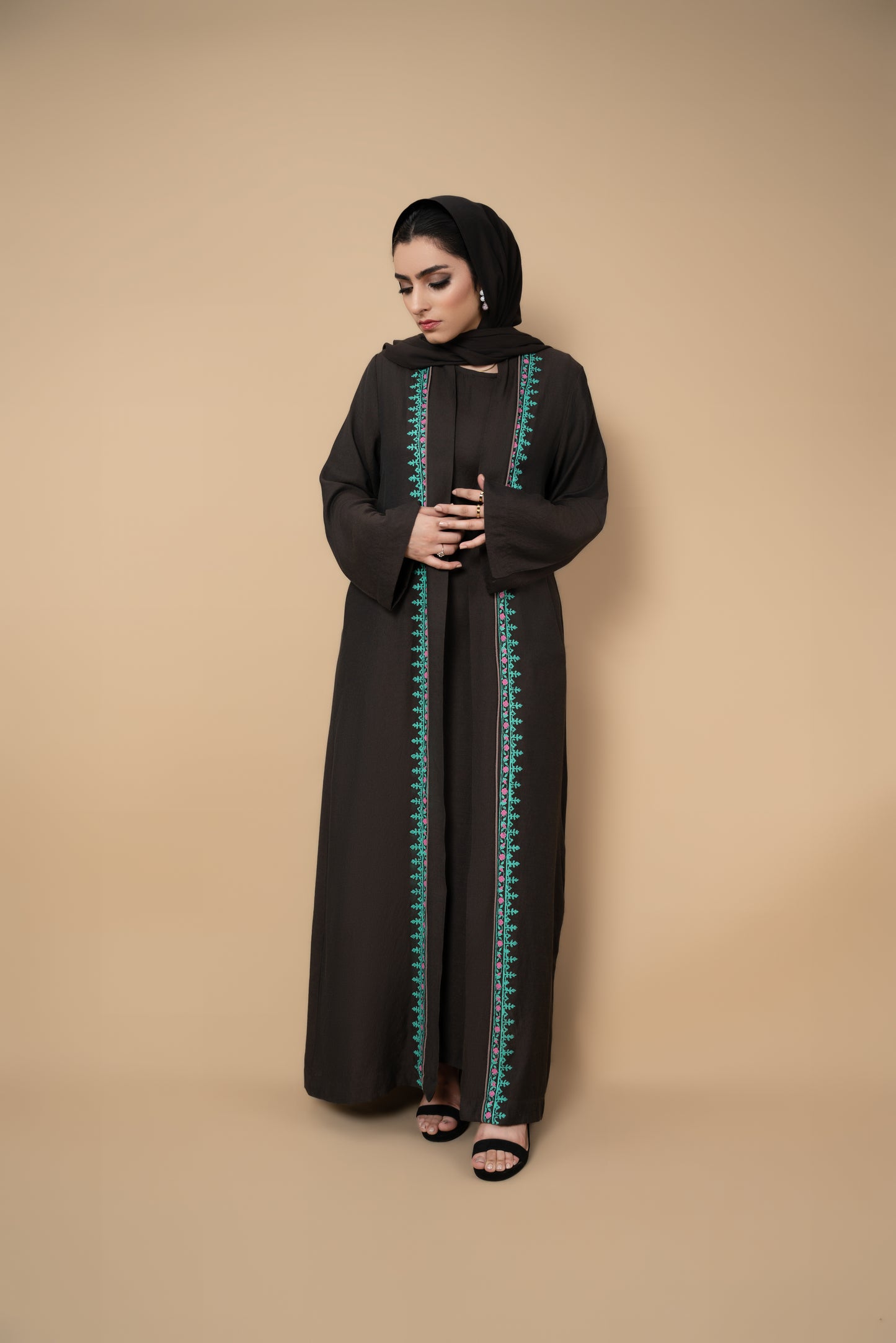 Mocha Block-Printed Abaya Set